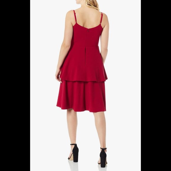 Dress the Population Red Yasmin Solid Sleeveless Peplum Tiered Fit & Flare XS - Picture 2 of 5